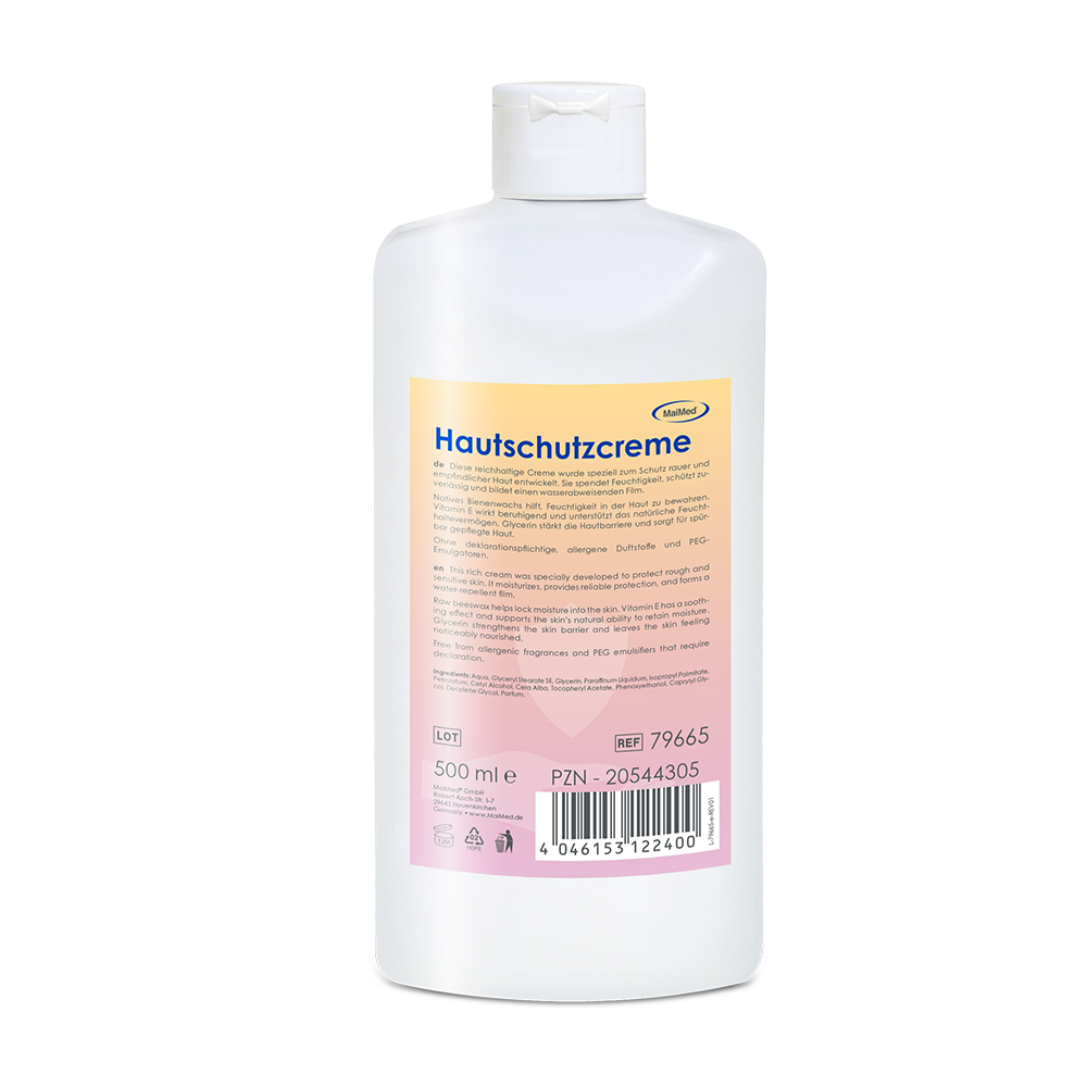 Hautschutzcreme, Hautpflege, 500 ml, Rückseite etikett, weißes Flaschenpaket