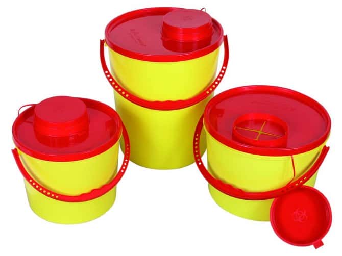 Kanülen-Entsorgungsboxen gelb, roter Deckel