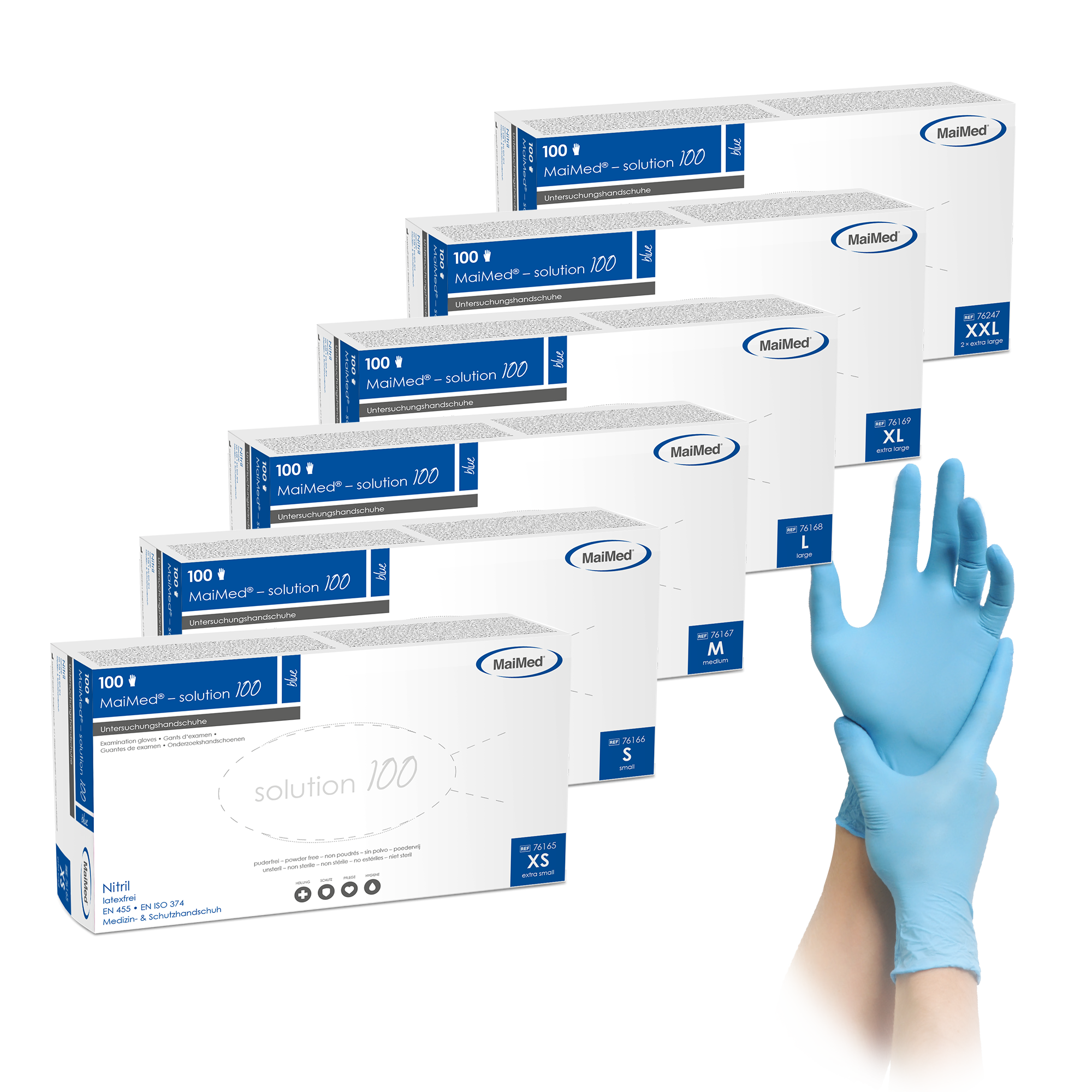 MaiMed® solution 100 PF Einweghandschuhe, Nitrilhandschuhe, Schutzhandschuhe, Latexfrei, Größe XS-XXL