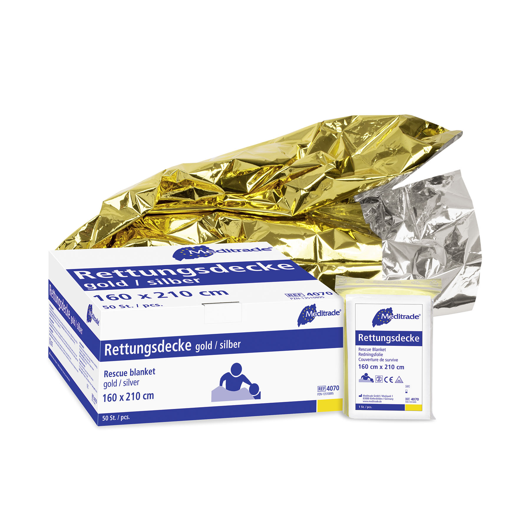 Rettungsdecke, Notfalldecke, Gold / Silber, 160 x 210 cm, Aluminiumfolie Decke